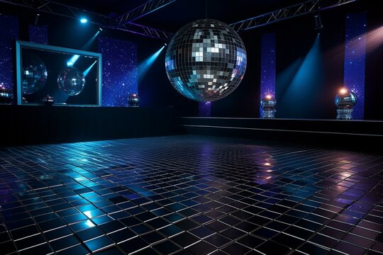 Vibrant disco backdrop featuring a mirrored ball and dazzling dancefloor spotlights. Generative AI