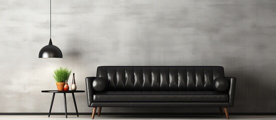 concept of a contemporary set with a black leather sofa and coffee table in front of a blank white mockup wall