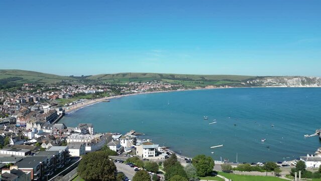 Wide aerial view over Swanage in Dorset