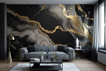 Elegant black and golden modern wall decor with 3D abstract marble wallpaper, resin geode art, and decorative gold foil lines. Generative AI - obrazy, fototapety, plakaty