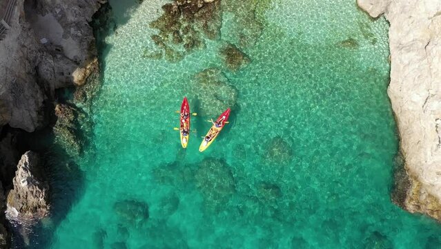 Dubrovnik Old Town Walls and Betina Cave Beach Kayak Tour. Aerial. Croatia. Summer. 
