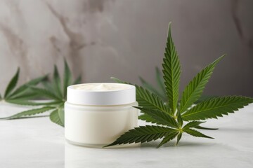White cream jar open on marble table with green cannabis leaves