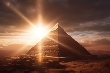 Radiant beams encircle the ancient pyramids, sending messages to extraterrestrial beings. Generative AI