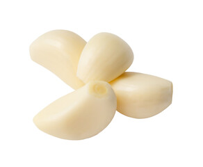 Top view peeled garlic cloves in stack isolated on white background with clipping path in png file format Close up photo