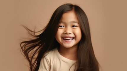 Fototapeta premium Joyful brunette kid with a toothy grin on beige studio background. Generative AI