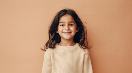 Positively beaming brunette child in neutral clothes on beige background. Generative AI