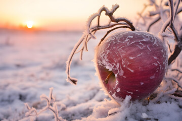 A frozen winter apple in a sunset background. close up.