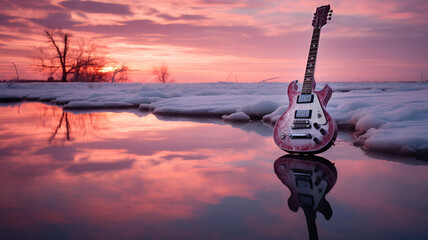 Guitar on a frozen lake. Visible reflection. Sunset. Winter - obrazy, fototapety, plakaty
