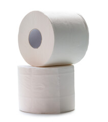 Two rolls of white tissue paper or napkin is stack isolated on white background with clipping path and shadow in png file format