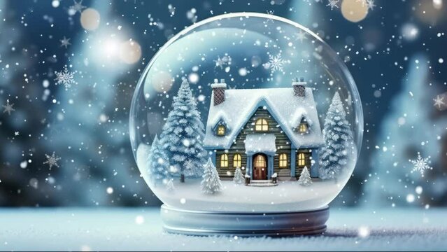 Glowing Crystal Ball on Snowfall Background. Beautiful 3d Cartoon Animation. Animated Greeting Card New Years Eve.