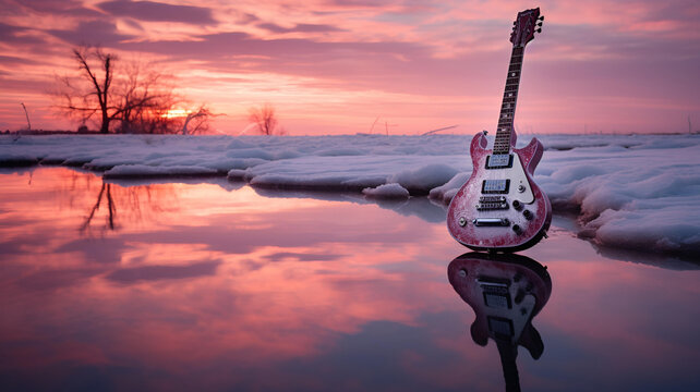 Guitar on a frozen lake. Visible reflection. Sunset. Winter