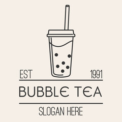 Vector illustration MILK TEA cup icon on beige background. BUBBLE TEA logo. Vector illustration