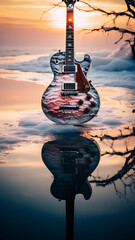 Guitar on a frozen lake. Visible reflection. Sunset. Winter