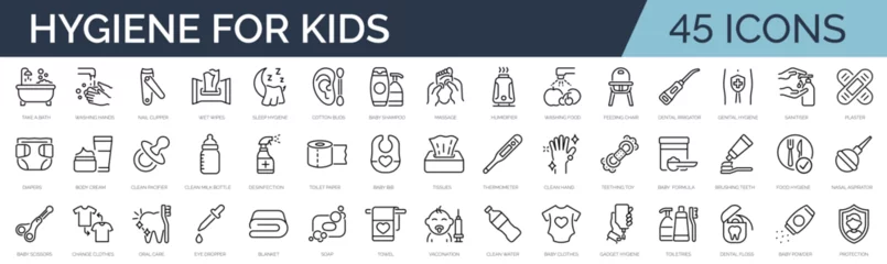 Fotobehang Set of 45 outline icons related to kid's hygiene, infant care. Linear icon collection. Editable stroke. Vector illustration © SkyLine