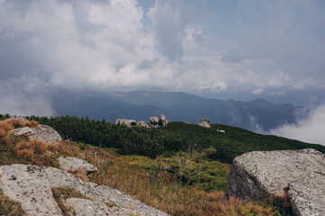 Aerial view of rocky peak of Spitz mountain in the Carpathian mountains