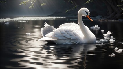"Swan Serenity: Reflections of Elegance on the Obsidian Lake"