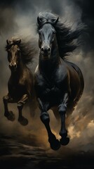 Black stallions running in the rain in an autumn forest. Infrared. Front view