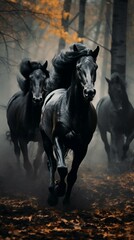 Black stallions run in winter snow. Close up. Front view