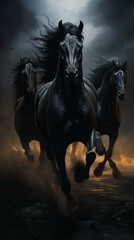 Black stallions running in the rain in an autumn forest. Infrared. Front view
