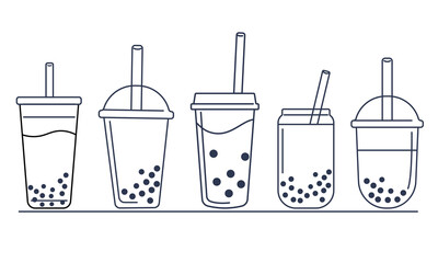 Vector illustration MILK TEA cup icons set on beige background. BUBBLE TEA logo set. Vector illustration