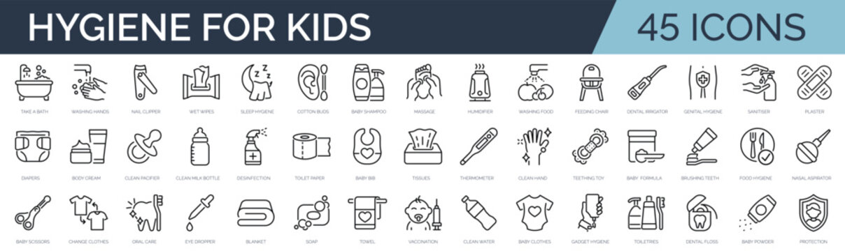 Set of 45 outline icons related to kid's hygiene, infant care. Linear icon collection. Editable stroke. Vector illustration