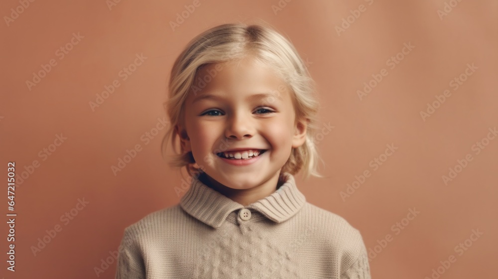 Wall mural Studio portrait of a happy little girl wearing neutral attire, her blonde hair shining, on a light beige backdrop. Generative AI