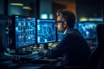Close-up Shot of man IT Engineer Working in Monitoring Room. He Works with Multiple Displays. Data analytics.
