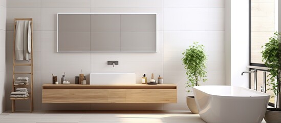 Fototapeta na wymiar Contemporary bathroom mock up with white tiles and wooden details