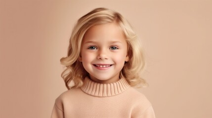 A content little girl with blonde hair, dressed in neutral attire, posing with a joyful smile against a studio's light beige background. Generative AI