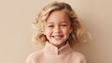 A happy blonde child in neutral clothing, smiling against a soft beige studio backdrop. Generative AI