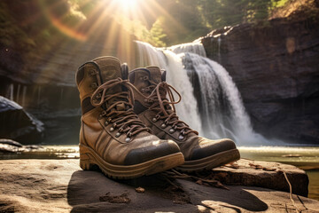 Close-up of boots which are necessary for refreshing your mountain climbing and hiking. Background of natural waterfall and beautiful beam of light. Hobbies and sports lifestyle concept.