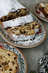 Stollen cake with candied fruits and marzipan.