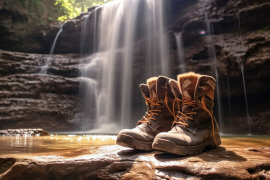 Close-up of boots which are necessary for refreshing your mountain climbing and hiking. Background of natural waterfall and beautiful beam of light. Hobbies and sports lifestyle concept. © cwa