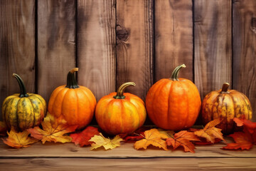 halloween pumpkin background wood maple leaf season fall wooden orange autumn. Generative AI.