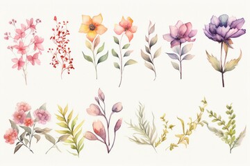 Watercolor flower bouquets and frames of various wildflowers on a rustic background. Generative AI