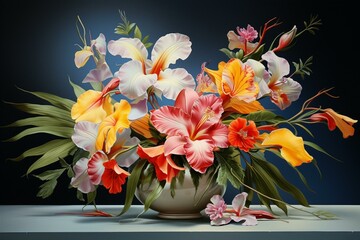 Exquisite tropical flowers in elegant vase on a contrasting background. Generative AI