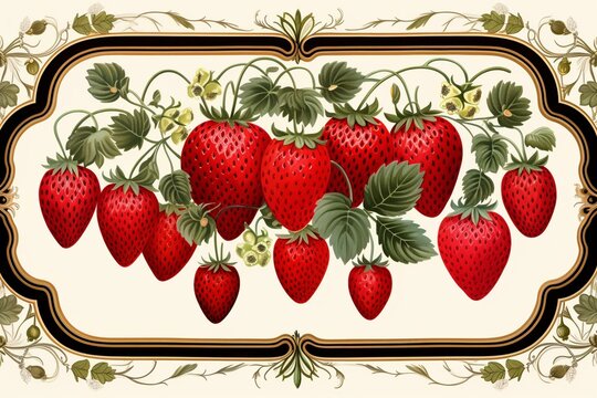 Artistic depiction of strawberries arranged in a seamless pattern with decorative frame on a transparent background. Generative AI