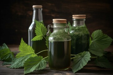 Nourishing nettle leaves, herbal mug drink, juice, bottles of tincture on wooden background. Medicinal urtica plants for food, medicine, homeopathy, and cosmetology. Generative AI - obrazy, fototapety, plakaty
