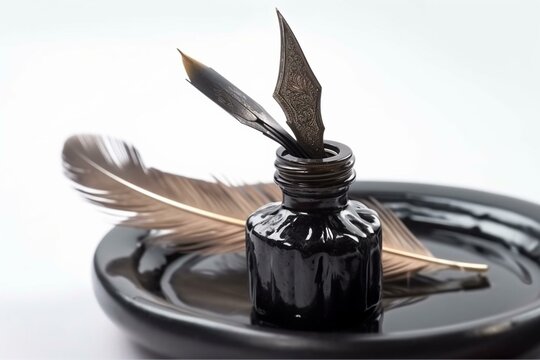 Isolated feather pen being dipped into inkwell. Generative AI
