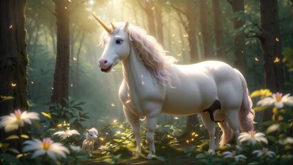 "Mystical Radiance: A White Unicorn's Enchantment in the Luminous Forest"
