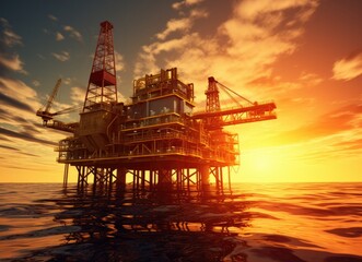 Obraz premium Simulated or realistic images of oil and gas drilling platforms in the middle of the ocean.