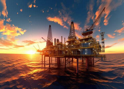 Simulated or realistic images of oil and gas drilling platforms in the middle of the ocean.