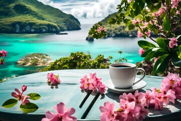 Tropical Tranquility: Coffee, Pink Blooms, and an Island Oasis