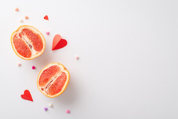 Aerial view of Lesbian Pride Day imagery, featuring tiny hearts, and grapefruits symbolizing the female form on a white background with space for messaging