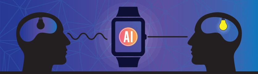 A vector background showing Artificial intelligence technology enlightens the human brain. AI technology amplifying the human brain and intelligence. stock vector. Smartwatch connecting people