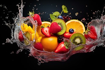 Colorful fruits sliced with juice splash, creating a vibrant flying smoothie. Generative AI