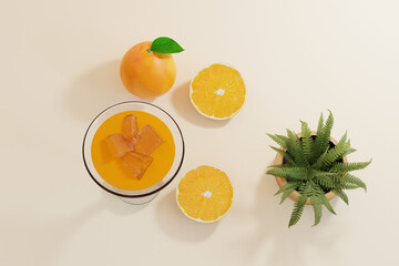 Delicious drink with orange slices on beige background, summer concept, top view, 3d render