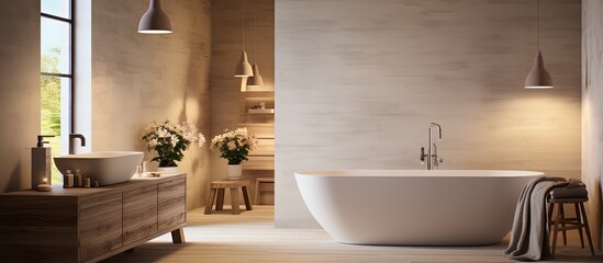 Ceramic tub in fashionable bathroom near curtains