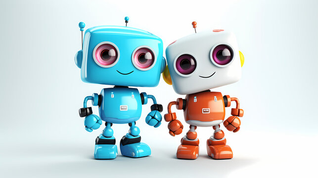 Cute looking 3d cartoon style robot characters, white solid background. Generative Ai 