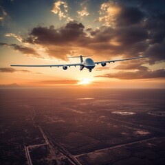 big long range unmanned aircraft, drone, flying at sunset